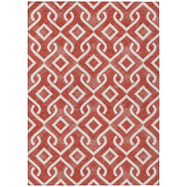 5' X 8' Red And Ivory Geometric Washable Indoor Outdoor Area Rug