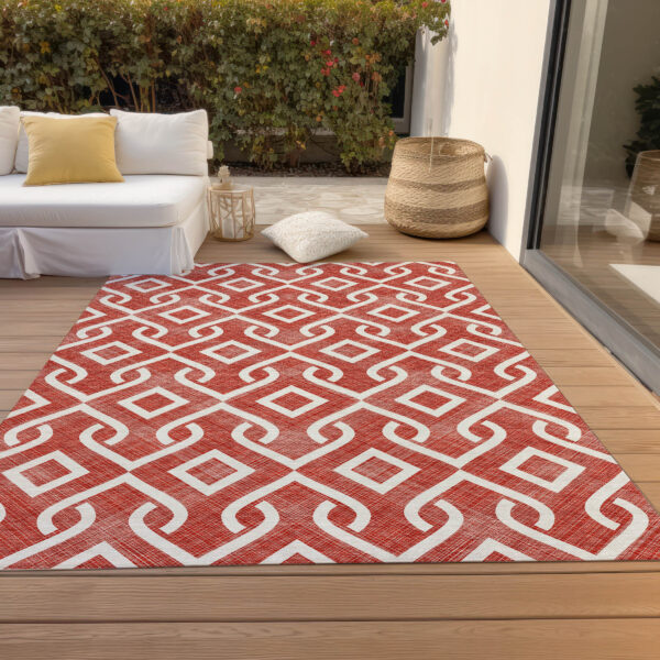 5' X 8' Red And Ivory Geometric Washable Indoor Outdoor Area Rug
