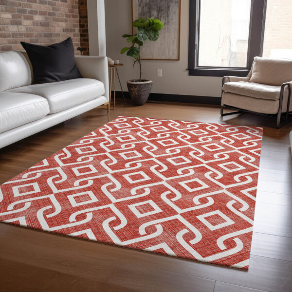 5' X 8' Red And Ivory Geometric Washable Indoor Outdoor Area Rug