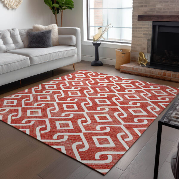 5' X 8' Red And Ivory Geometric Washable Indoor Outdoor Area Rug