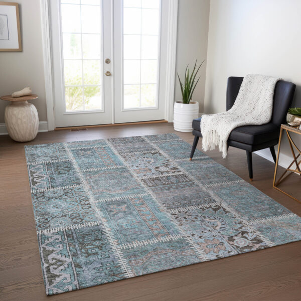 5' X 8' Teal Blue Aqua And Beige Patchwork Washable Indoor Outdoor Area Rug