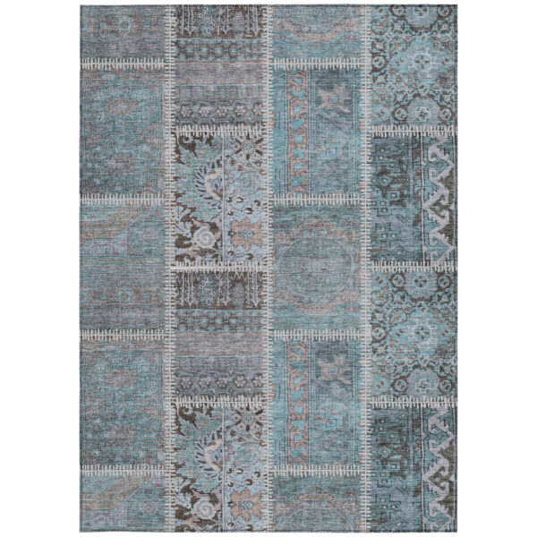 5' X 8' Teal Blue Aqua And Beige Patchwork Washable Indoor Outdoor Area Rug