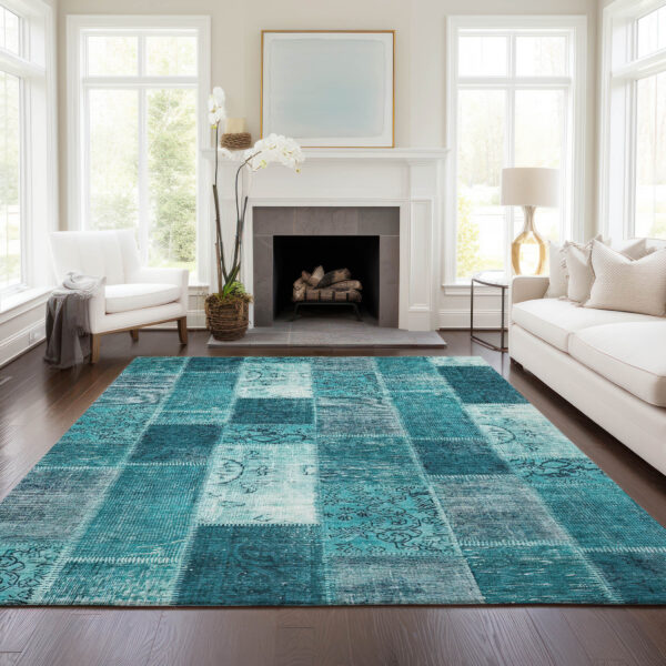 8' X 10' Teal Blue Aqua And Turquoise Patchwork Washable Indoor Outdoor Area Rug