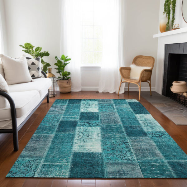 8' X 10' Teal Blue Aqua And Turquoise Patchwork Washable Indoor Outdoor Area Rug