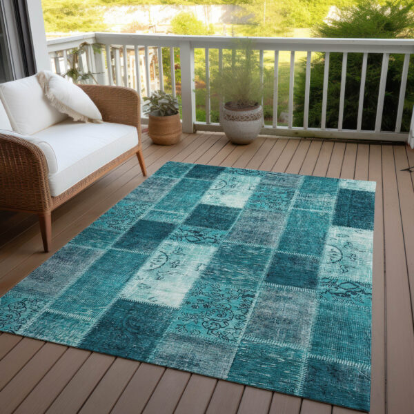 8' X 10' Teal Blue Aqua And Turquoise Patchwork Washable Indoor Outdoor Area Rug