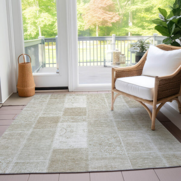 10' X 14' Taupe Beige And Tan Patchwork Washable Indoor Outdoor Area Rug