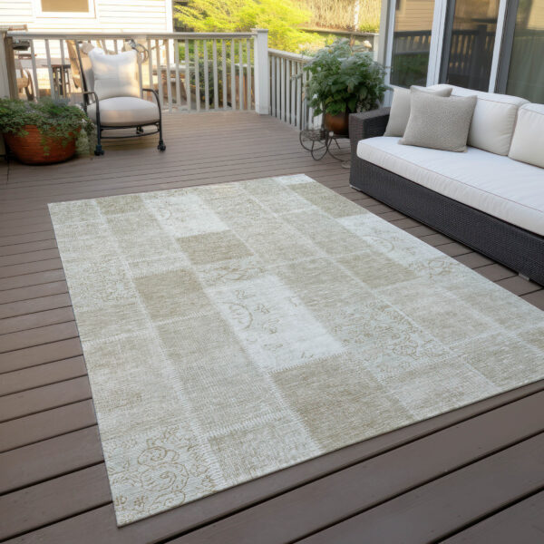 10' X 14' Taupe Beige And Tan Patchwork Washable Indoor Outdoor Area Rug