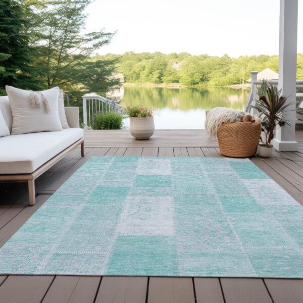 5' X 8' Aqua Teal Blue And Silver Patchwork Washable Indoor Outdoor Area Rug