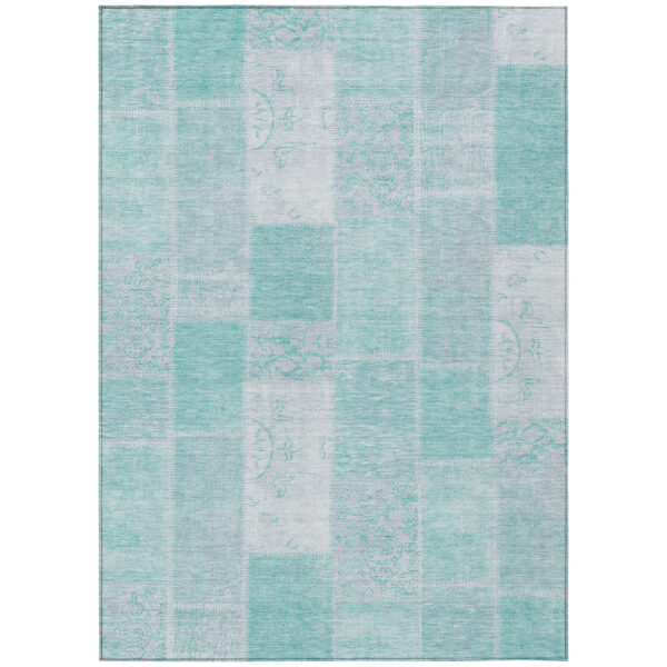 5' X 8' Aqua Teal Blue And Silver Patchwork Washable Indoor Outdoor Area Rug