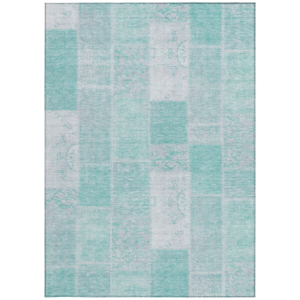5' X 8' Aqua Teal Blue And Silver Patchwork Washable Indoor Outdoor Area Rug