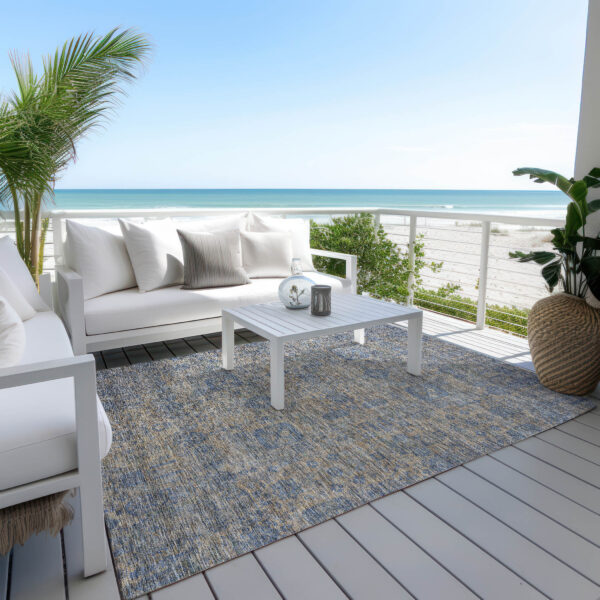 8' X 10' Khaki And Denim Blue Oriental Washable Indoor Outdoor Area Rug