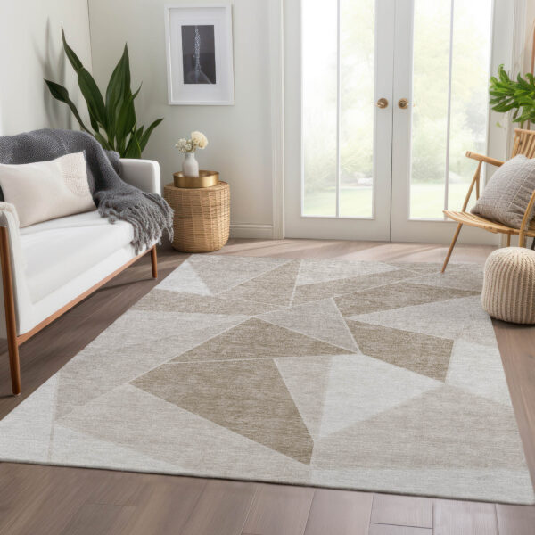 3' X 5' Taupe Brown And Beige Geometric Washable Indoor Outdoor Area Rug