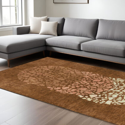 8' X 10' Orange Terra Cotta And Ivory Abstract Washable Indoor Outdoor Area Rug