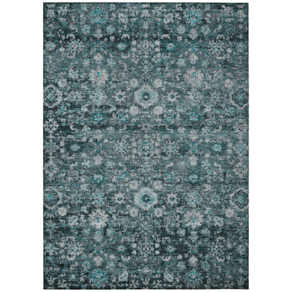 9' X 12' Dark Green Aqua And Charcoal Oriental Washable Indoor Outdoor Area Rug