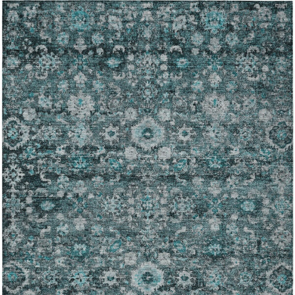 9' X 12' Dark Green Aqua And Charcoal Oriental Washable Indoor Outdoor Area Rug