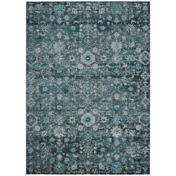 9' X 12' Dark Green Aqua And Charcoal Oriental Washable Indoor Outdoor Area Rug