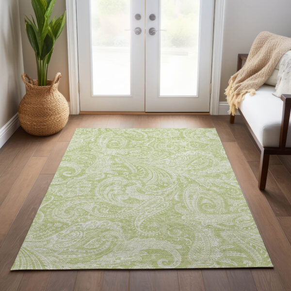 10' X 14' Green And Ivory Paisley Washable Indoor Outdoor Area Rug