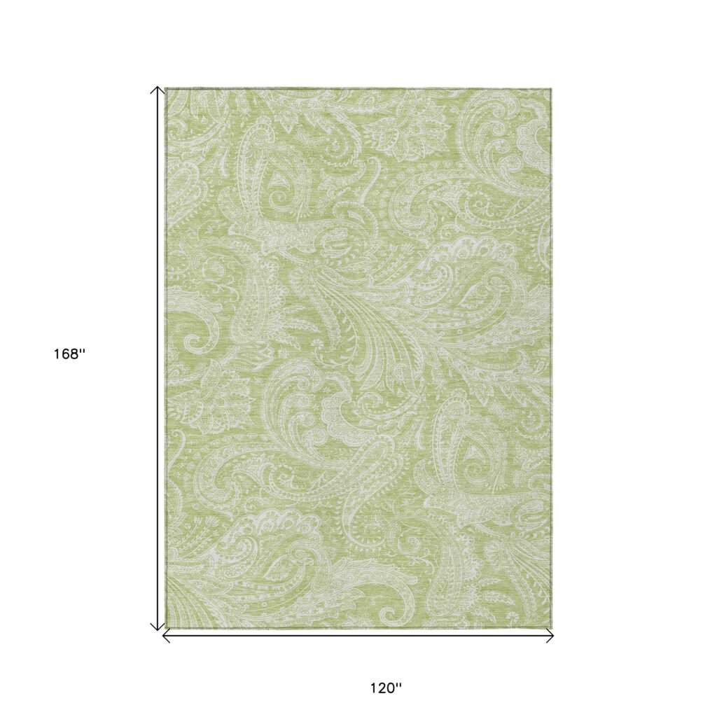 10' X 14' Green And Ivory Paisley Washable Indoor Outdoor Area Rug