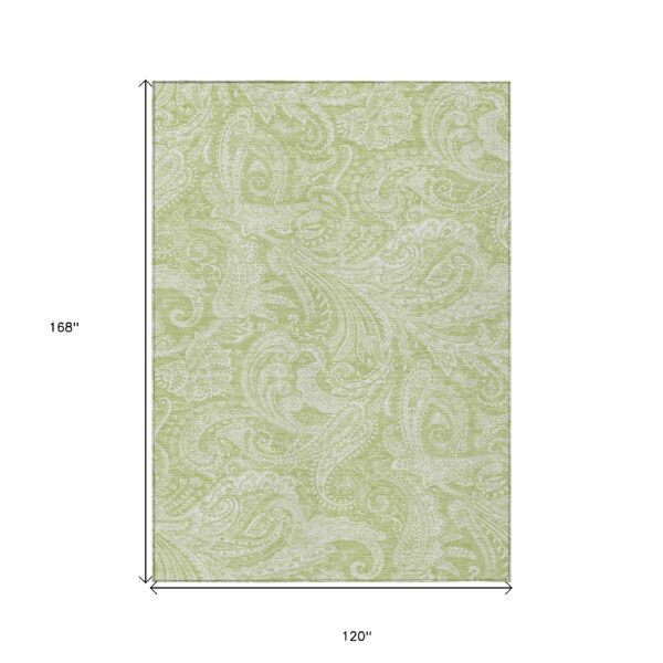 10' X 14' Green And Ivory Paisley Washable Indoor Outdoor Area Rug