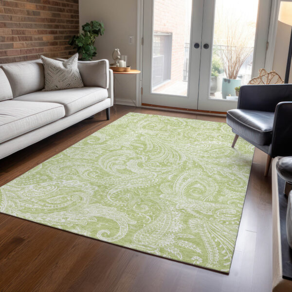 10' X 14' Green And Ivory Paisley Washable Indoor Outdoor Area Rug