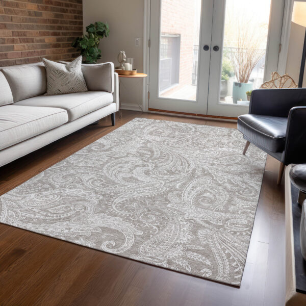 5' X 8' Taupe Beige And Ivory Paisley Washable Indoor Outdoor Area Rug