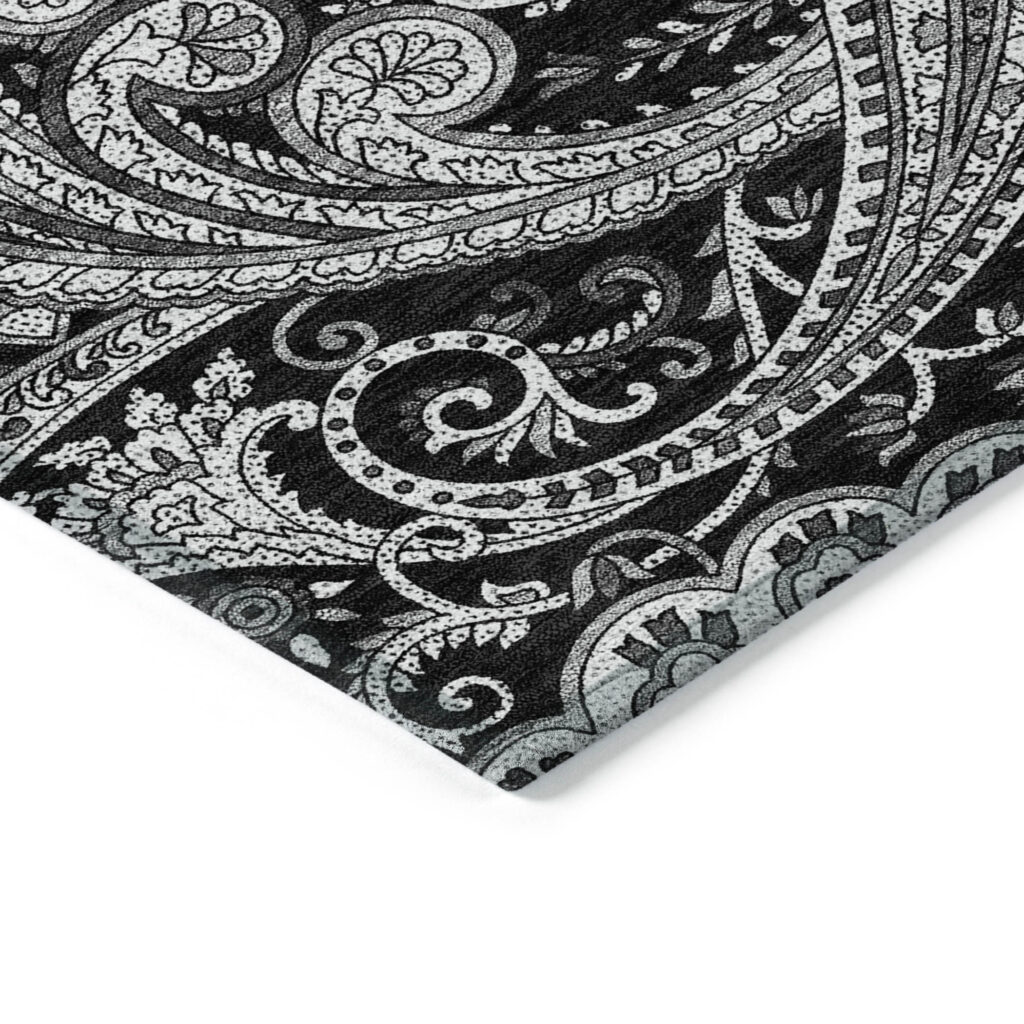 8' X 10' Black Gray And White Paisley Washable Indoor Outdoor Area Rug