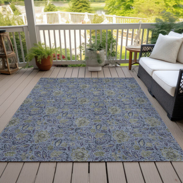 3' X 5' Denim Blue Navy Blue And Gray Floral Washable Indoor Outdoor Area Rug