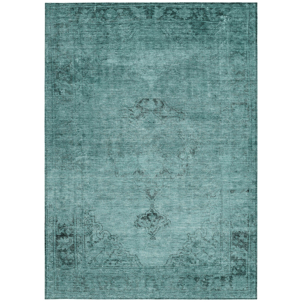 9' X 12' Teal Blue Turquoise And Charcoal Oriental Washable Indoor Outdoor Area Rug