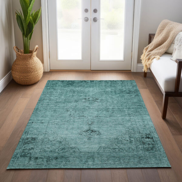9' X 12' Teal Blue Turquoise And Charcoal Oriental Washable Indoor Outdoor Area Rug
