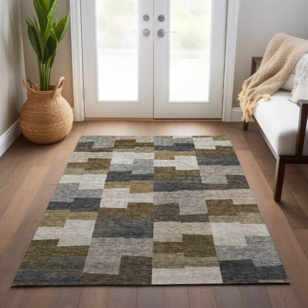 10' X 14' Brown Beige And Ivory Geometric Washable Indoor Outdoor Area Rug