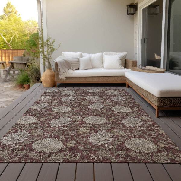 8' X 10' Merlot Taupe And Beige Floral Washable Indoor Outdoor Area Rug