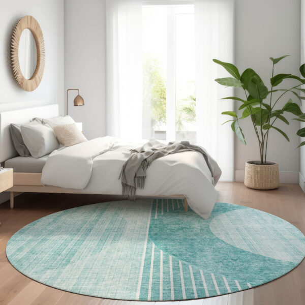 8' Teal Blue And Aqua Round Geometric Washable Indoor Outdoor Area Rug