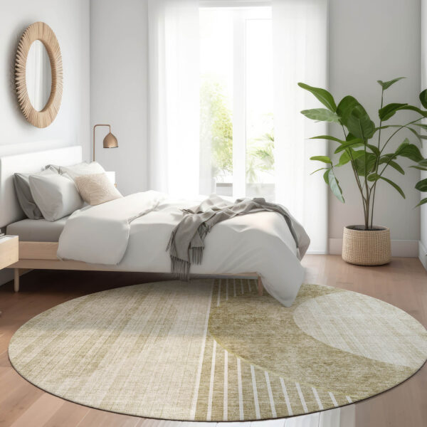 8' Taupe Beige And Tan Round Geometric Washable Indoor Outdoor Area Rug