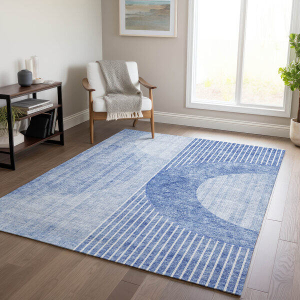 5' X 8' Denim Blue And Sky Blue Geometric Washable Indoor Outdoor Area Rug