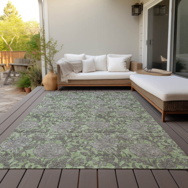 9' X 12' Artichoke Green Gray And Taupe Floral Washable Indoor Outdoor Area Rug