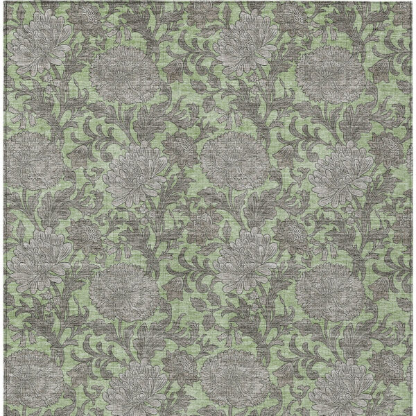 9' X 12' Artichoke Green Gray And Taupe Floral Washable Indoor Outdoor Area Rug