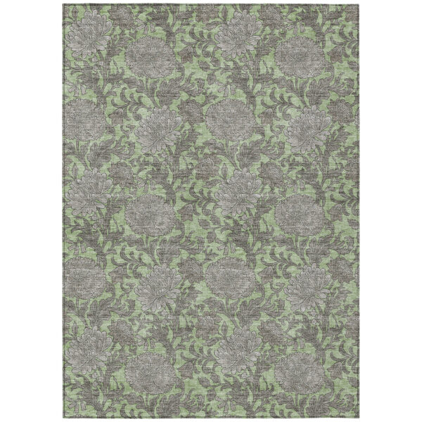 9' X 12' Artichoke Green Gray And Taupe Floral Washable Indoor Outdoor Area Rug