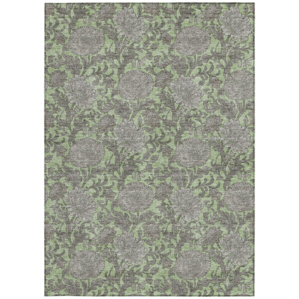 9' X 12' Artichoke Green Gray And Taupe Floral Washable Indoor Outdoor Area Rug