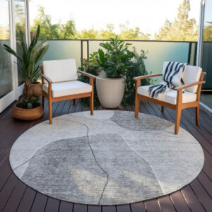 8' Gray Charcoal And Silver Round Abstract Washable Indoor Outdoor Area Rug
