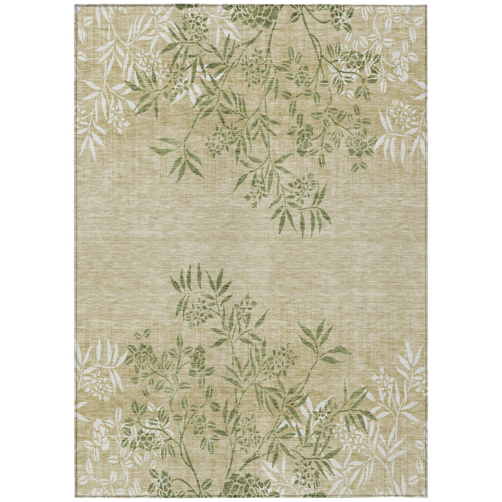 8' X 10' Khaki Ivory And Green Floral Washable Indoor Outdoor Area Rug