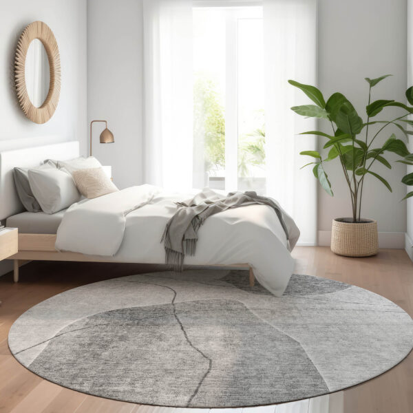8' Gray Charcoal And Silver Round Abstract Washable Indoor Outdoor Area Rug