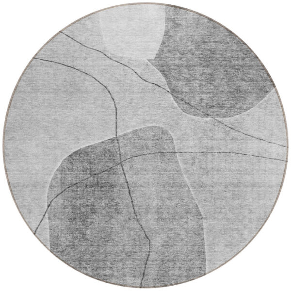 8' Gray Charcoal And Silver Round Abstract Washable Indoor Outdoor Area Rug