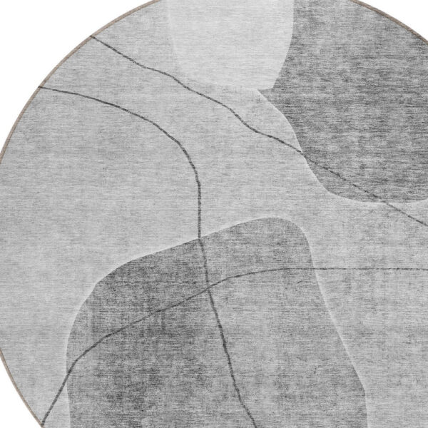 8' Gray Charcoal And Silver Round Abstract Washable Indoor Outdoor Area Rug