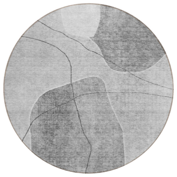 8' Gray Charcoal And Silver Round Abstract Washable Indoor Outdoor Area Rug