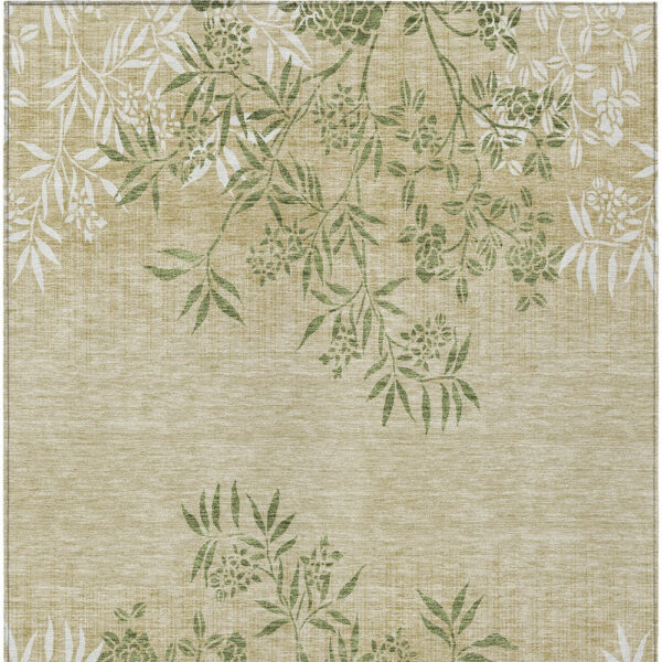 8' X 10' Khaki Ivory And Green Floral Washable Indoor Outdoor Area Rug