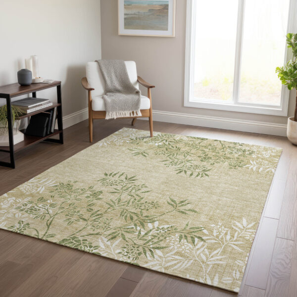 8' X 10' Khaki Ivory And Green Floral Washable Indoor Outdoor Area Rug