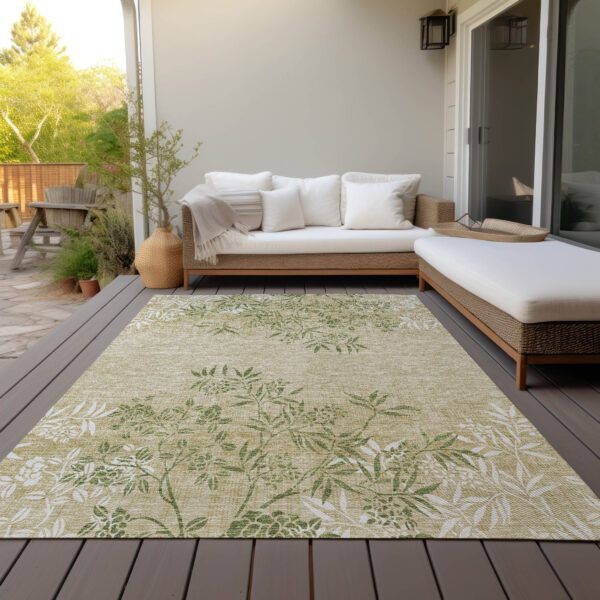8' X 10' Khaki Ivory And Green Floral Washable Indoor Outdoor Area Rug
