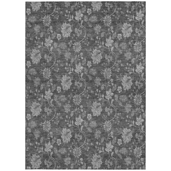 5' X 8' Gray Charcoal And Silver Floral Washable Indoor Outdoor Area Rug