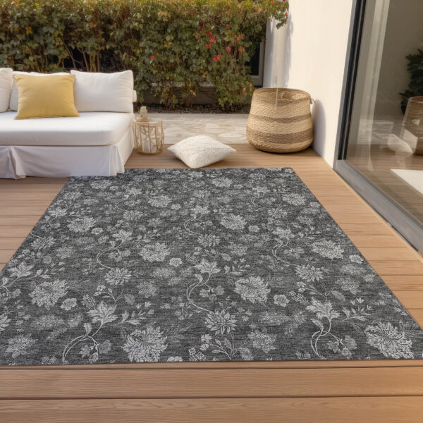 5' X 8' Gray Charcoal And Silver Floral Washable Indoor Outdoor Area Rug