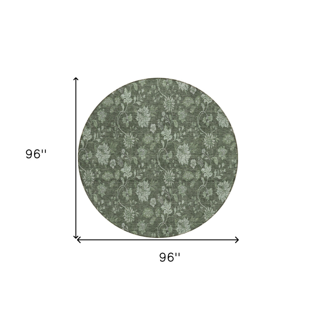 8' Olive Green And Artichoke Green Round Floral Washable Indoor Outdoor Area Rug
